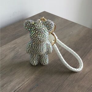 Sparkling Rhinestones Bling Bear Bag Charm Keyring w/White Braided Strap NWOT